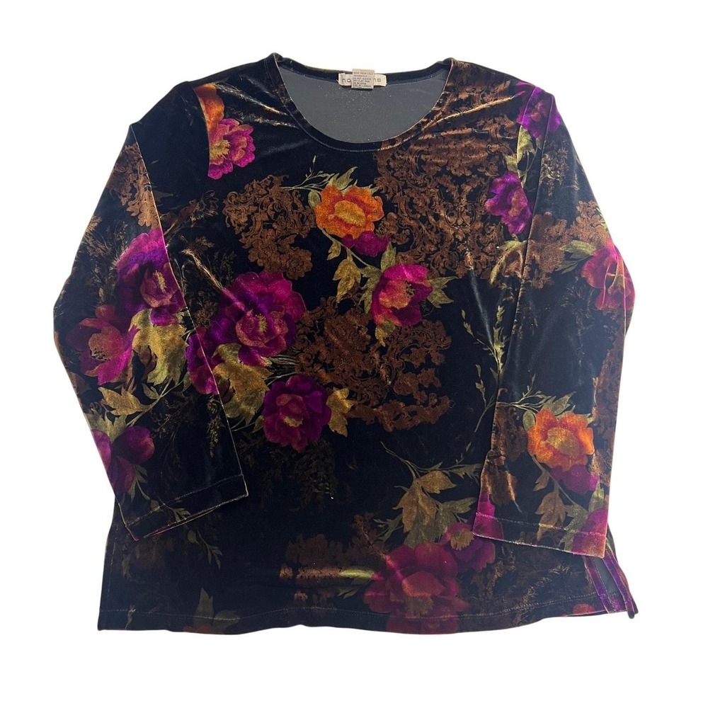 Vintage Notations Womens L Velvet Floral Top 3/4 Sleeve Dark Floral Whimsigoth